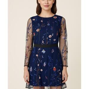 New CBR Navy Floral Embroidered Dress Women’s M Long Sleeve Whimsigoth Fairycore